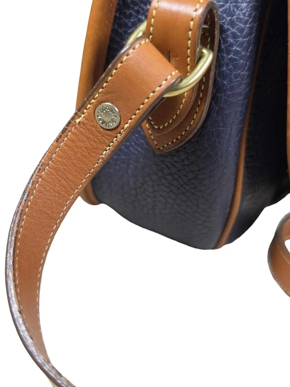 Vintage Dooney & Bourke Cavalry Trooper Saddle Bag Navy Blue Tan AWL Crossbody